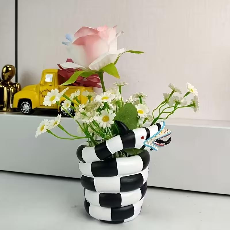 Snake Plant Ceramic - กระถางดอกไม้เรซินรูปงูสีขาวดำ 1 ชิ้น - กระถางตกแต่งสไตล์ DIY