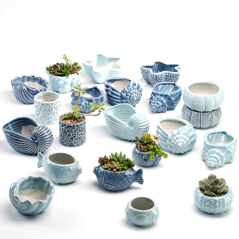 Snake Plant Ceramic - กระถางดอกไม้สไตล์ยุโรปน่ารัก กระถางเซรามิกสีฟ้ารูปปลา แจกันตกแต่งบ้าน สวน กระถางต้นไม้ขนาดเล็ก กระถางแคคตัส