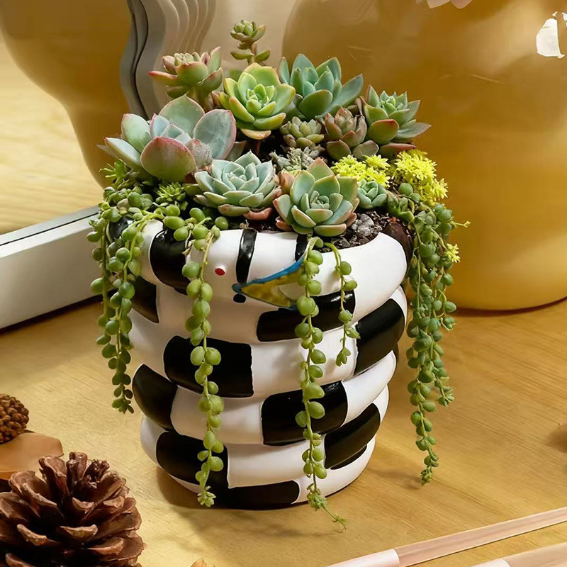 กระถางดอกไม้เรซินรูปงูสีขาวดำ  - Snake Plant Ceramic บทวิจารณ์และราคา